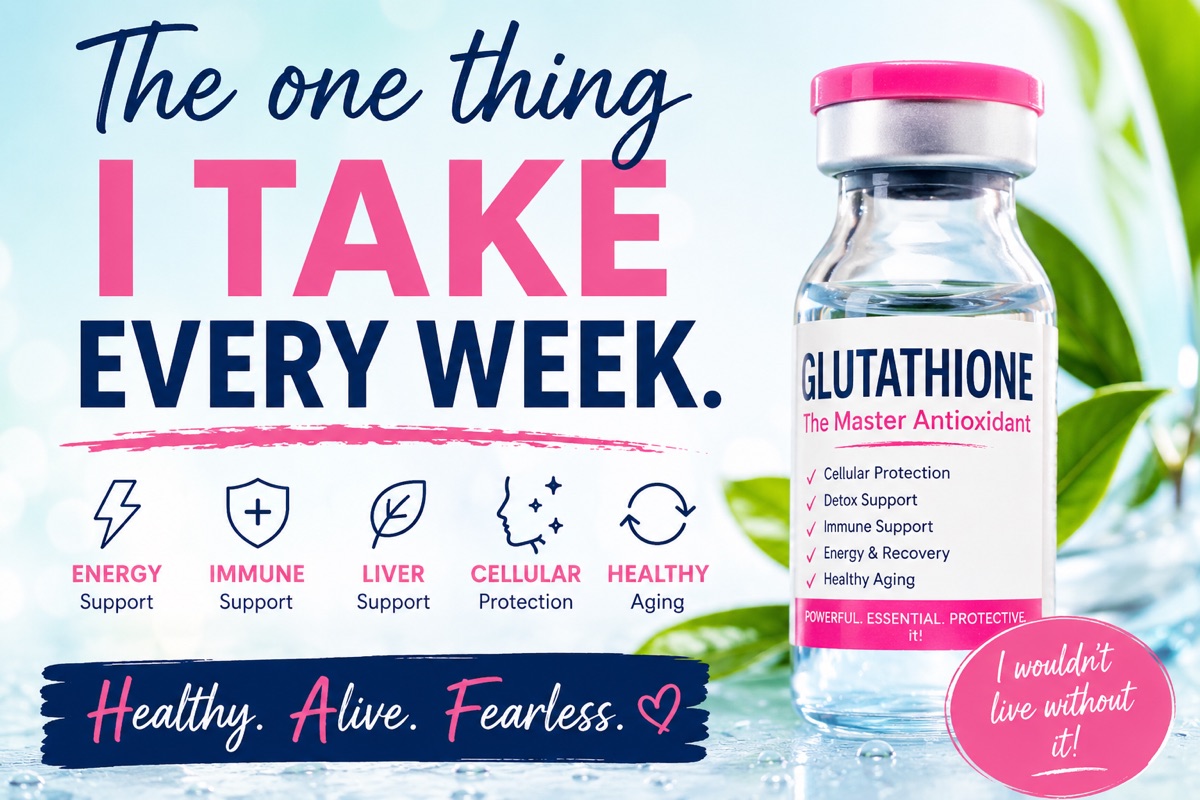 Glutathione vial labeled 'The Master Antioxidant' with checklist for cellular protection, detox support, immune support, energy and recovery, and healthy aging