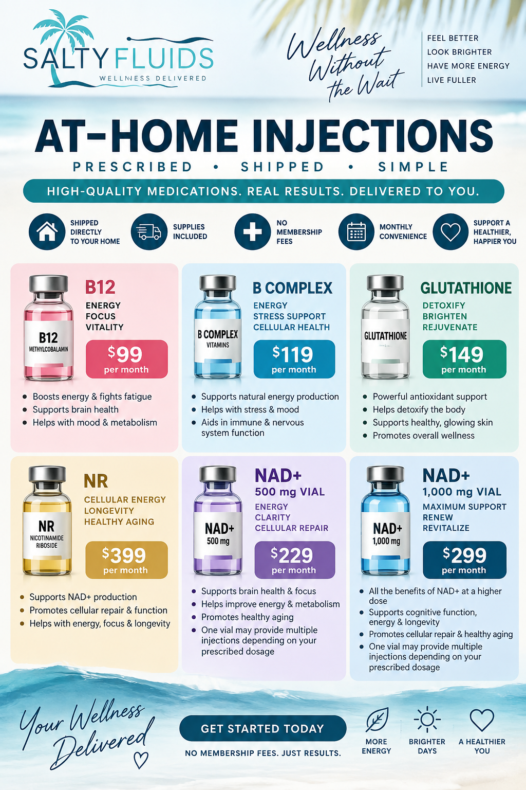 Salty Fluids at-home injections flyer — prescribed, shipped, and simple monthly wellness injections including B12, B Complex, Glutathione, NR, and NAD+, shipped directly to your door with no membership fees