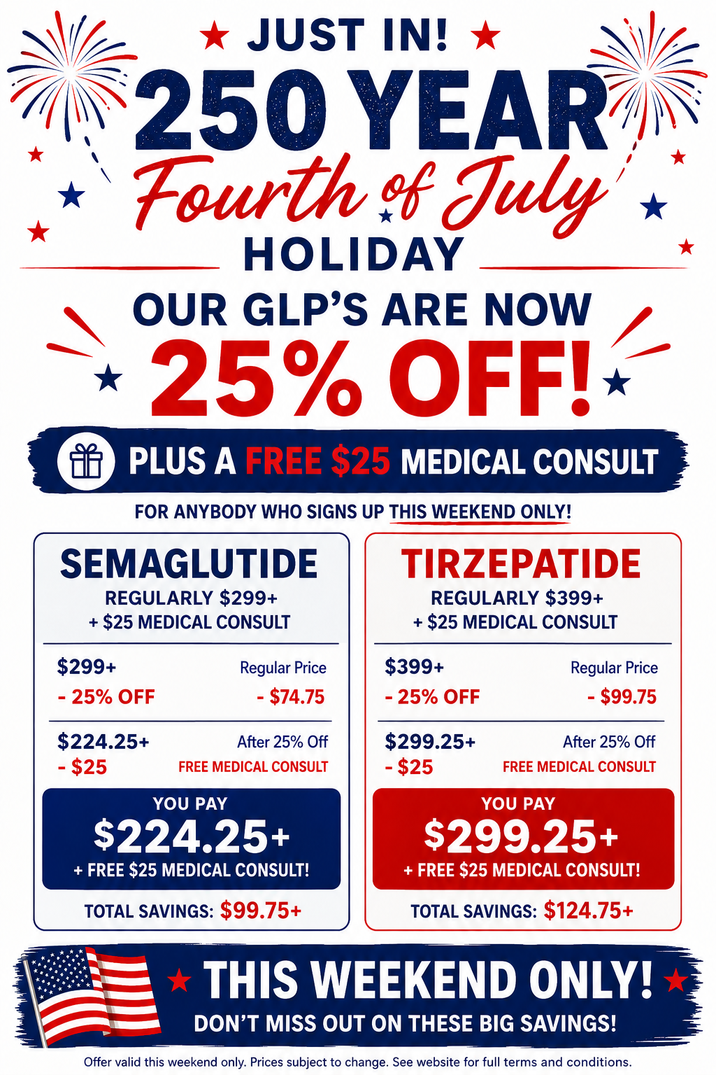 4th of July weekend GLP-1 special — 25% off Semaglutide and Tirzepatide plus a free $25 medical consult, this weekend only at Salty Fluids