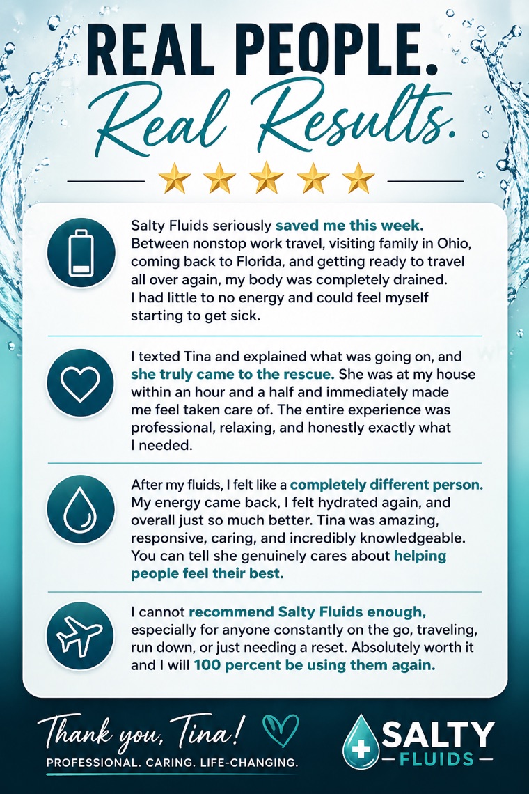 Five-star client review praising Salty Fluids and Nurse Tina: saved me this week, came to the rescue within an hour and a half, felt like a completely different person, professional and caring — would 100 percent use them again