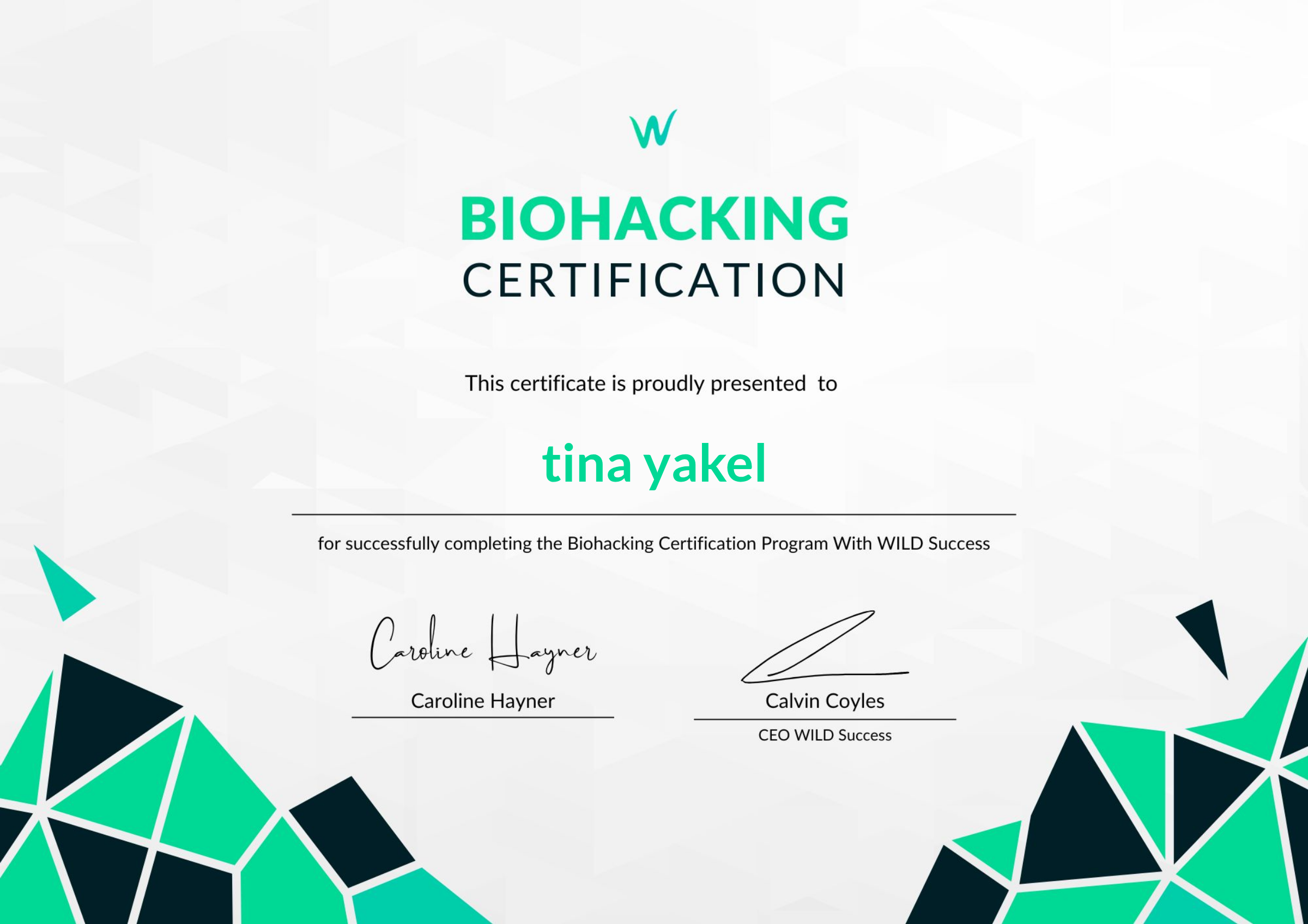 Tina Yakel holding her Biohacking Certification